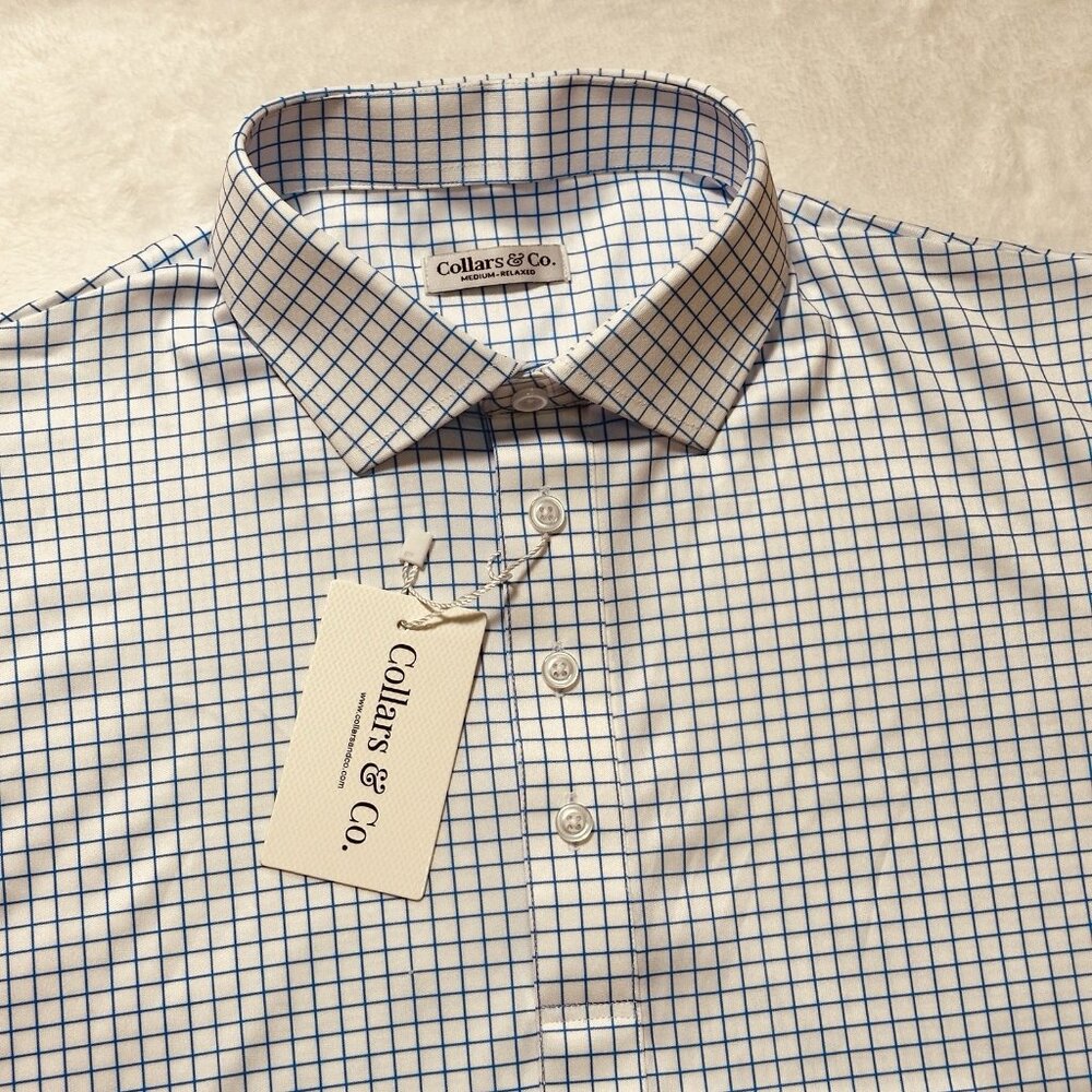 Collars & Co. The Original Dress Polo Sz M Relaxed Blue-Grid Performance NWT - Picture 4 of 11